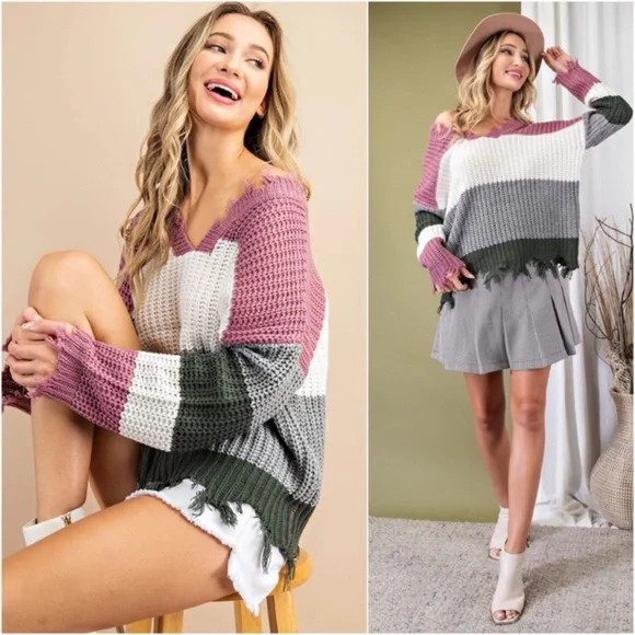 🌺LAST1️⃣ New Women’s Trendy Fall Distressed Frayed Colorblock Must Have Sweater - Picture 4 of 5